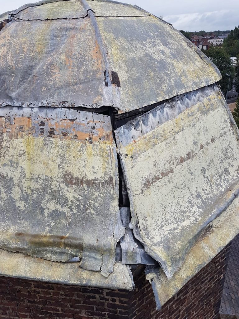 Close up of the separated plates forming the top of St Peter's Stockport tower