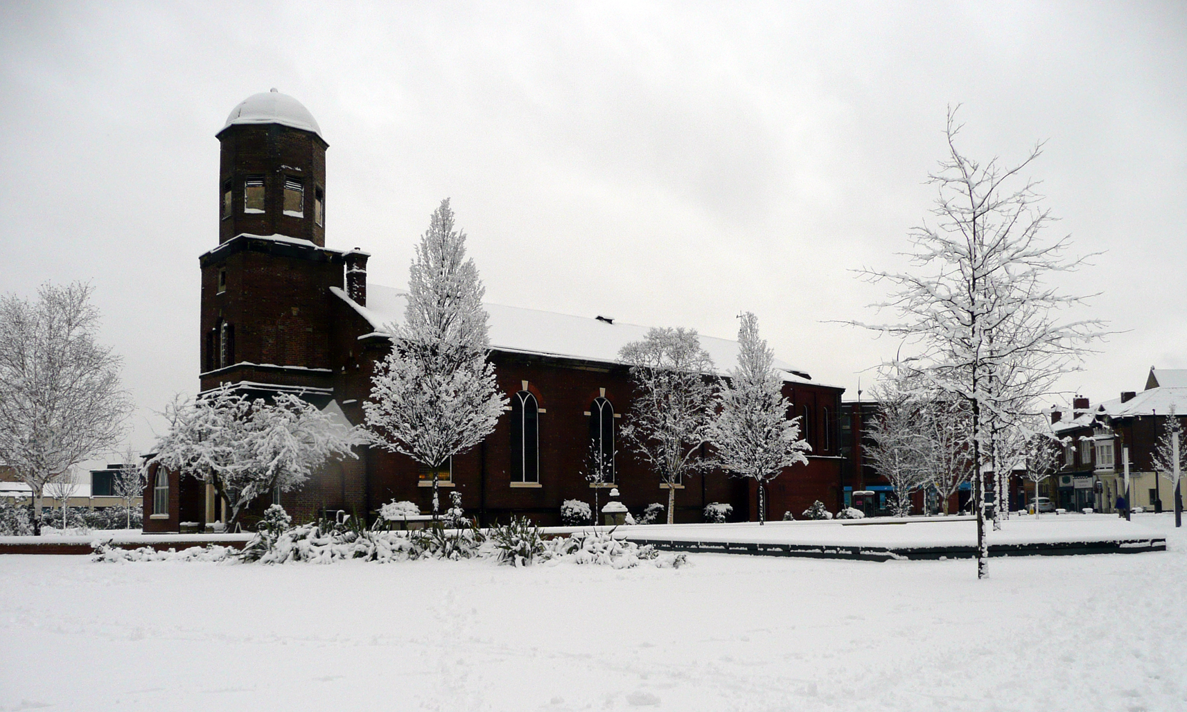 A view of St Peter's Church taken from St Peter's Square in the snow