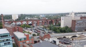 View from 40 metres height the viaduct, bus station and pyramid in the background